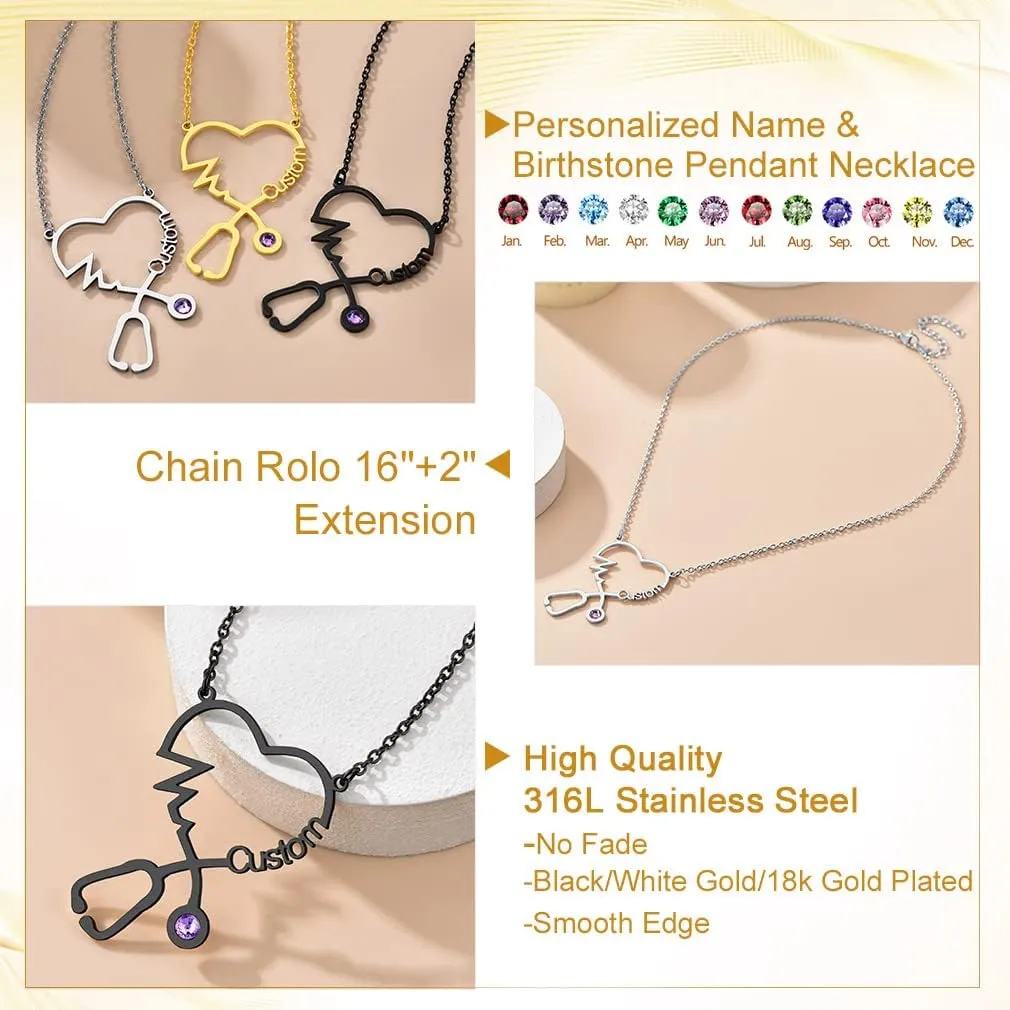 Custom4U Stethoscope Name Necklace Personalized Custom Nameplate Nurse Necklaces Chain 16" 2" Custmized Jewelry Graduation Gift for Nurse Doctor Medical Nursing Student