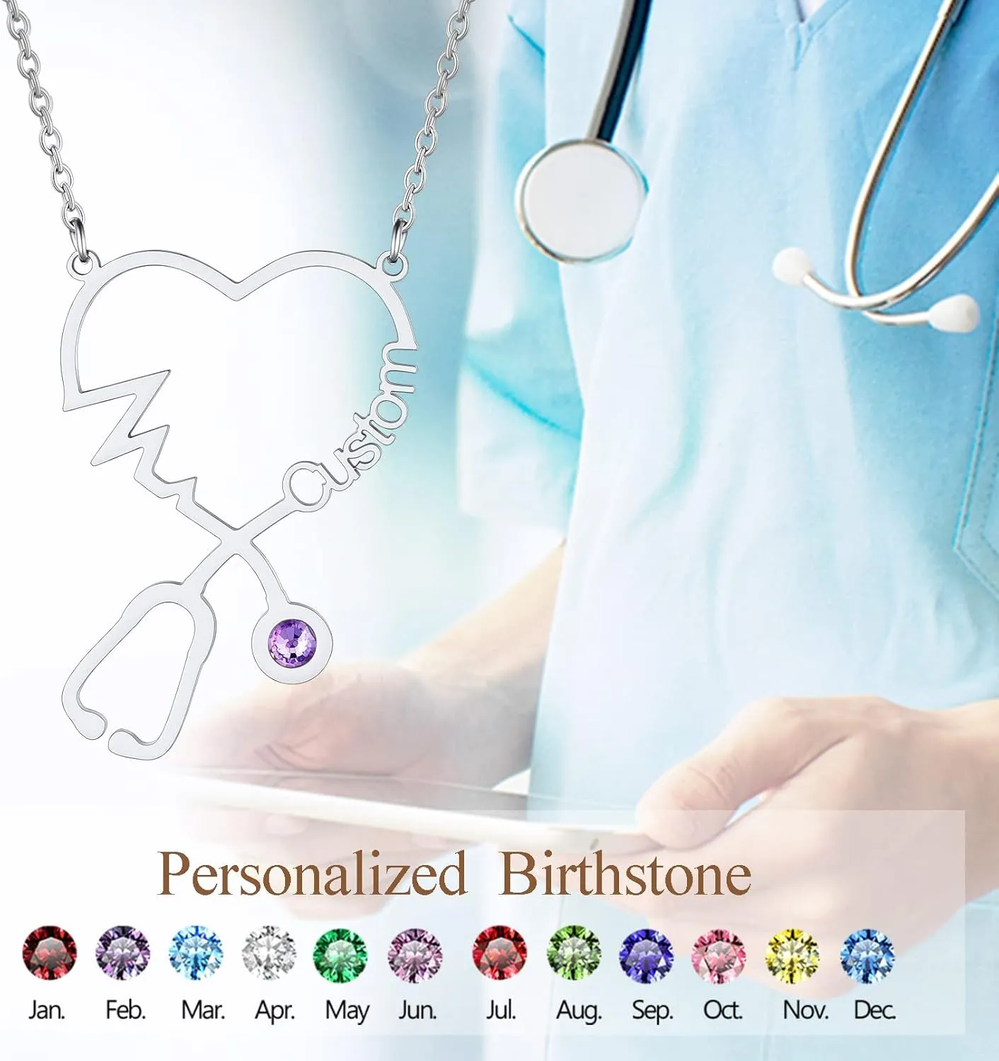 Custom4U Stethoscope Name Necklace Personalized Custom Nameplate Nurse Necklaces Chain 16" 2" Custmized Jewelry Graduation Gift for Nurse Doctor Medical Nursing Student