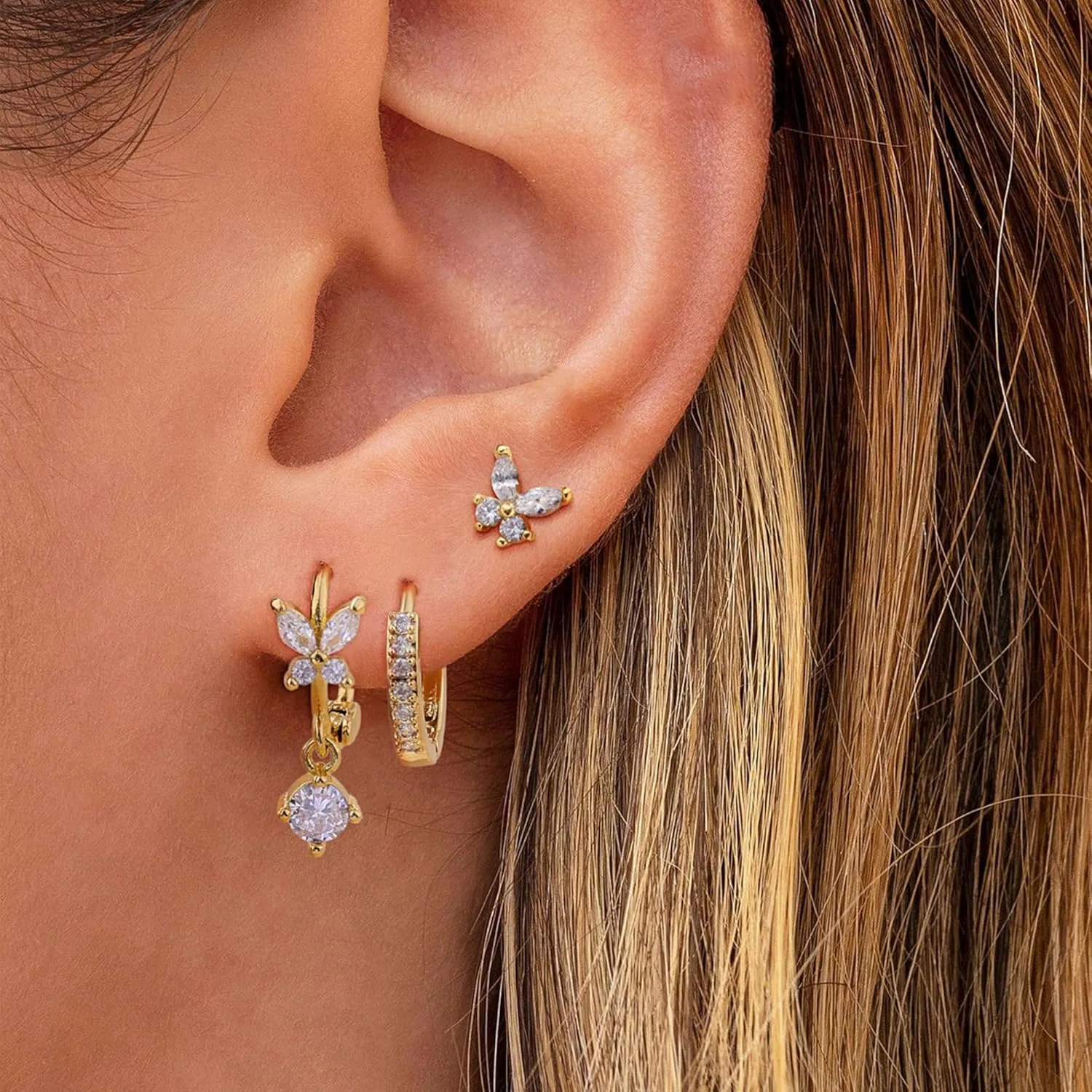 Cute Gold Earrings for Women14k Gold Plated Butterfly Cross Bow Earrings Small Huggie Earrings Set Dainty Gold Earring Stacks Hypoallergenic Gold Hoop Earrings for Women Trendy Gold Jewelry