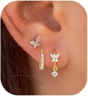 Cute Gold Earrings for Women14k Gold Plated Butterfly Cross Bow Earrings Small Huggie Earrings Set Dainty Gold Earring Stacks Hypoallergenic Gold Hoop Earrings for Women Trendy Gold Jewelry