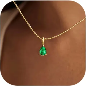 Dainty Birthstone Gold Necklace for Women Trendy 14K Gold Plated Diamond Pendant Charm Necklaces Cubic Zirconia Emerald Birthday Gifts for Women Jewelry