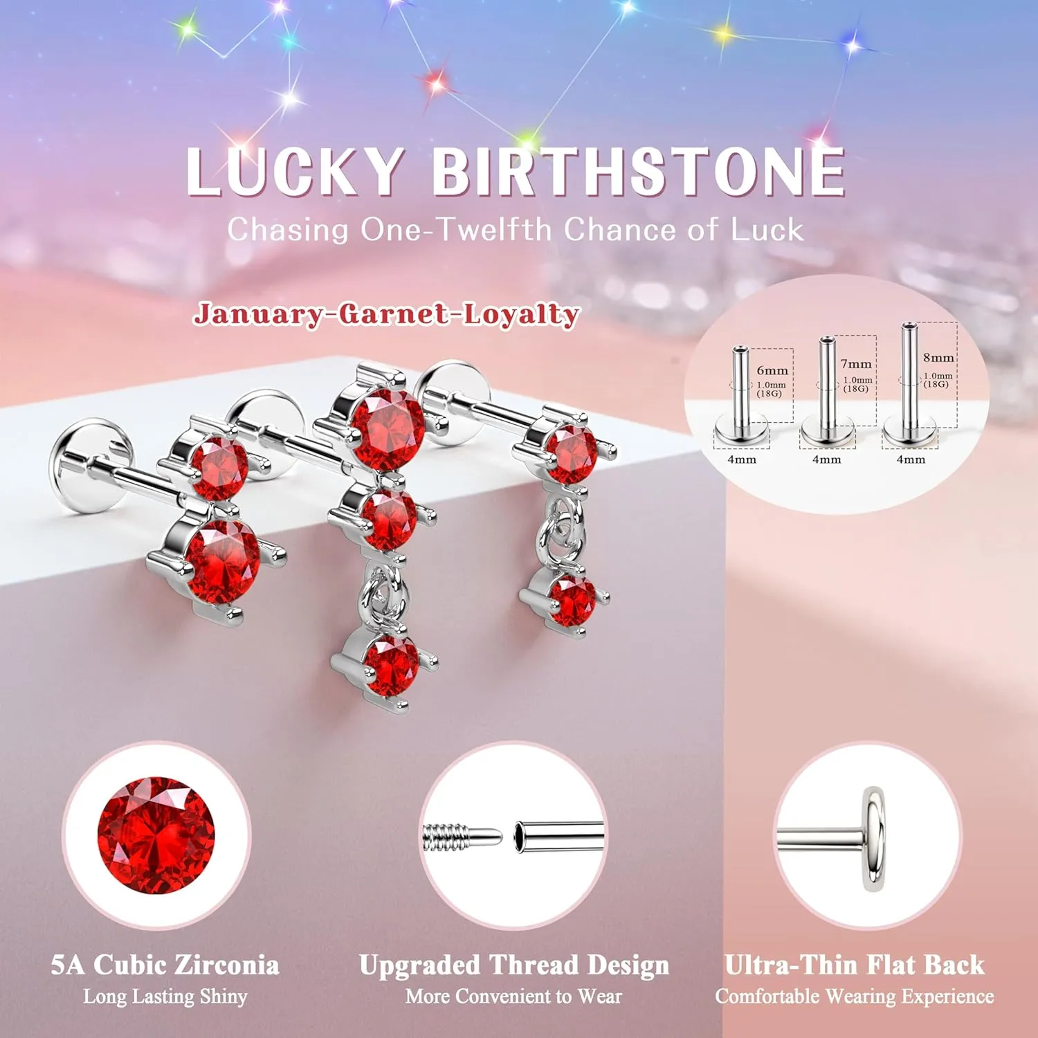 Dainty Flat Back Studs & Dangle Earrings - Hypoallergenic 18G Sets for Multiple Piercing - Birthstone CZ Earrings