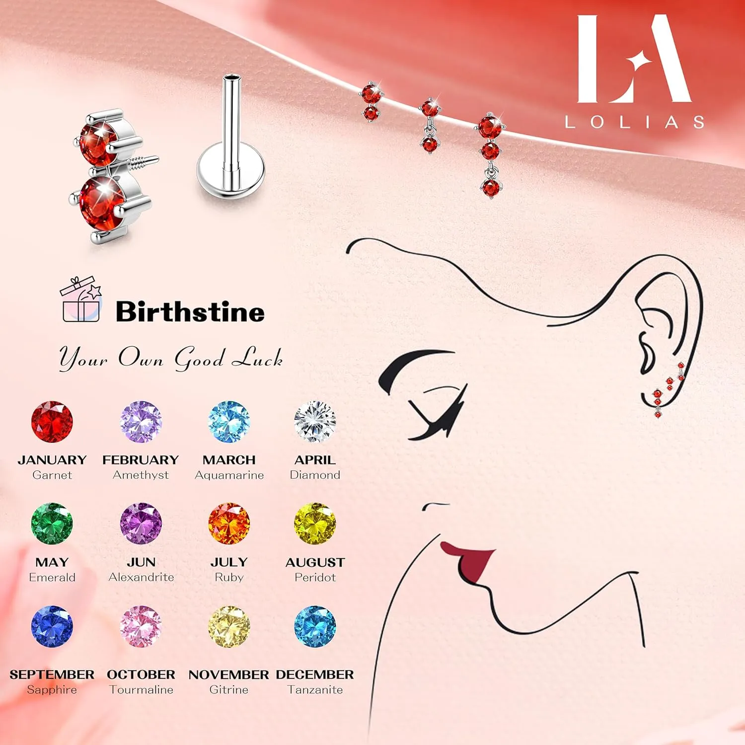 Dainty Flat Back Studs & Dangle Earrings - Hypoallergenic 18G Sets for Multiple Piercing - Birthstone CZ Earrings