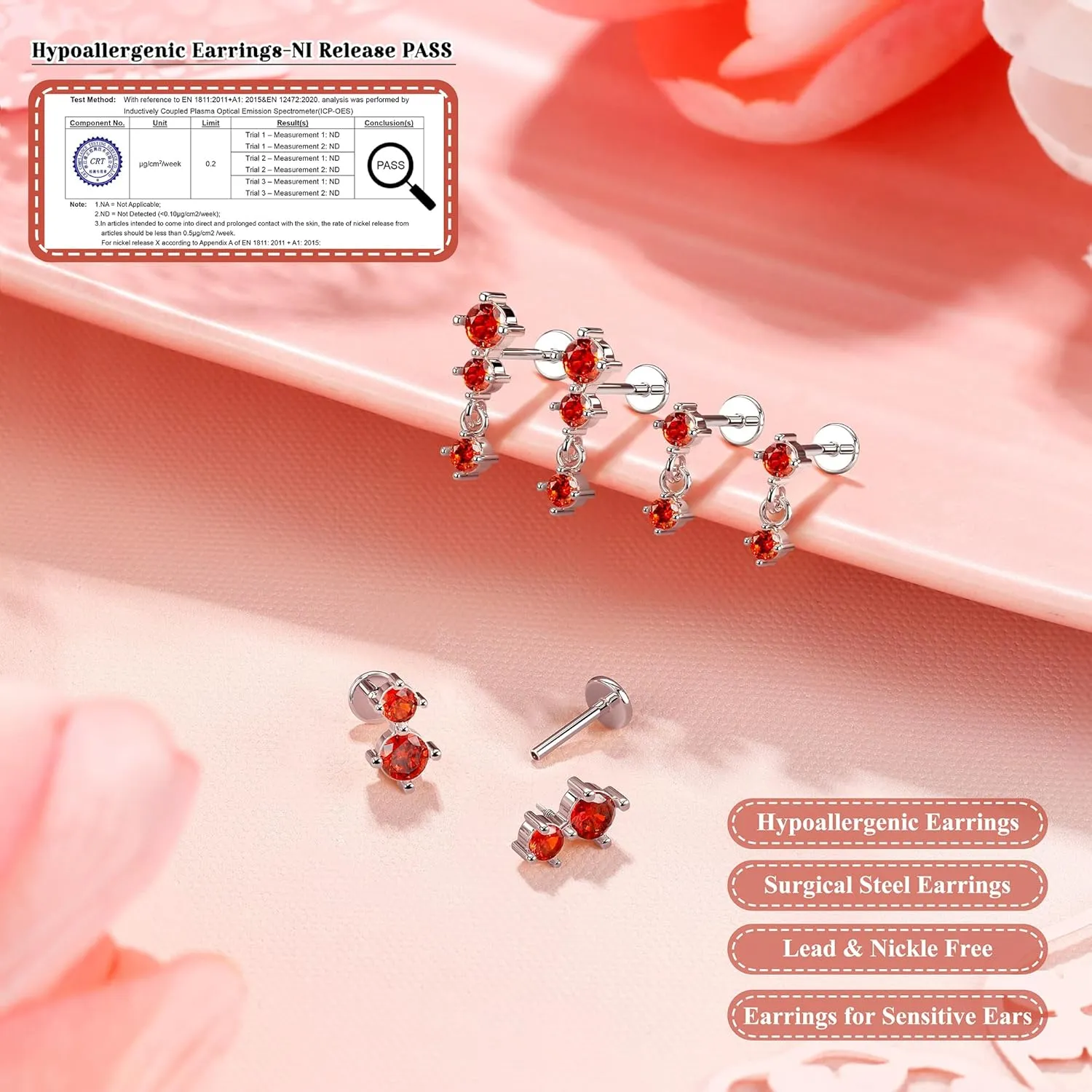 Dainty Flat Back Studs & Dangle Earrings - Hypoallergenic 18G Sets for Multiple Piercing - Birthstone CZ Earrings