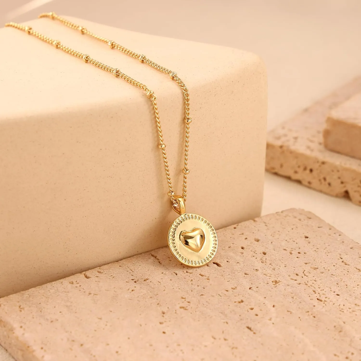 Dainty Heart Pendant Necklace for Women - 14K Gold Plated Cute Non Tarnish Satellite Paperclip O-Chain Layered Necklaces Trendy Festival Jewelry Gift