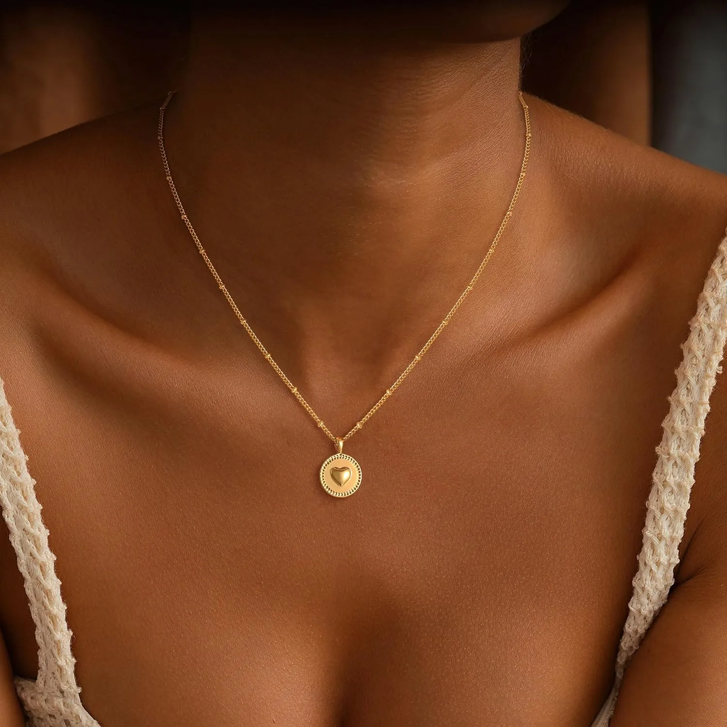 Dainty Heart Pendant Necklace for Women - 14K Gold Plated Cute Non Tarnish Satellite Paperclip O-Chain Layered Necklaces Trendy Festival Jewelry Gift