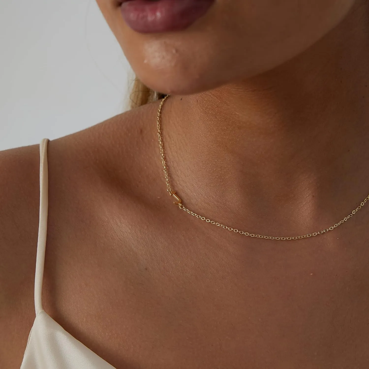 Dainty Initial Necklaces for Women 14K Gold Plated Sideways Initial Necklace Personalized Letter Necklace Everyday Jewelry Gift