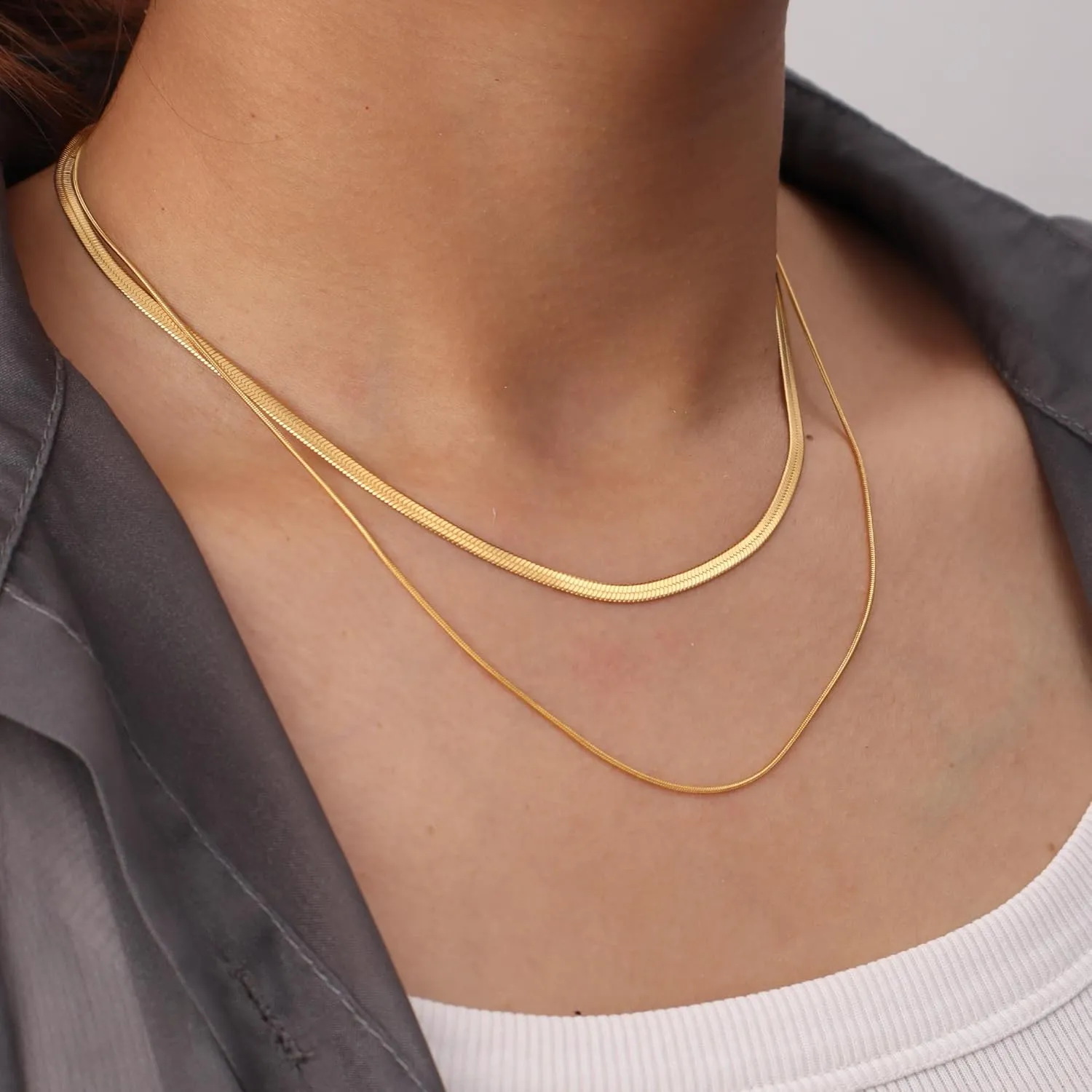 Dainty Ladies 18K Gold Plated Layered Herringbone Necklaces for Women Minimalist Stainless Steel Snake Chain Choker Necklace Waterproof Jewelry Gifts