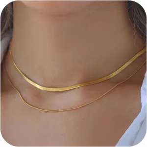 Dainty Ladies 18K Gold Plated Layered Herringbone Necklaces for Women Minimalist Stainless Steel Snake Chain Choker Necklace Waterproof Jewelry Gifts