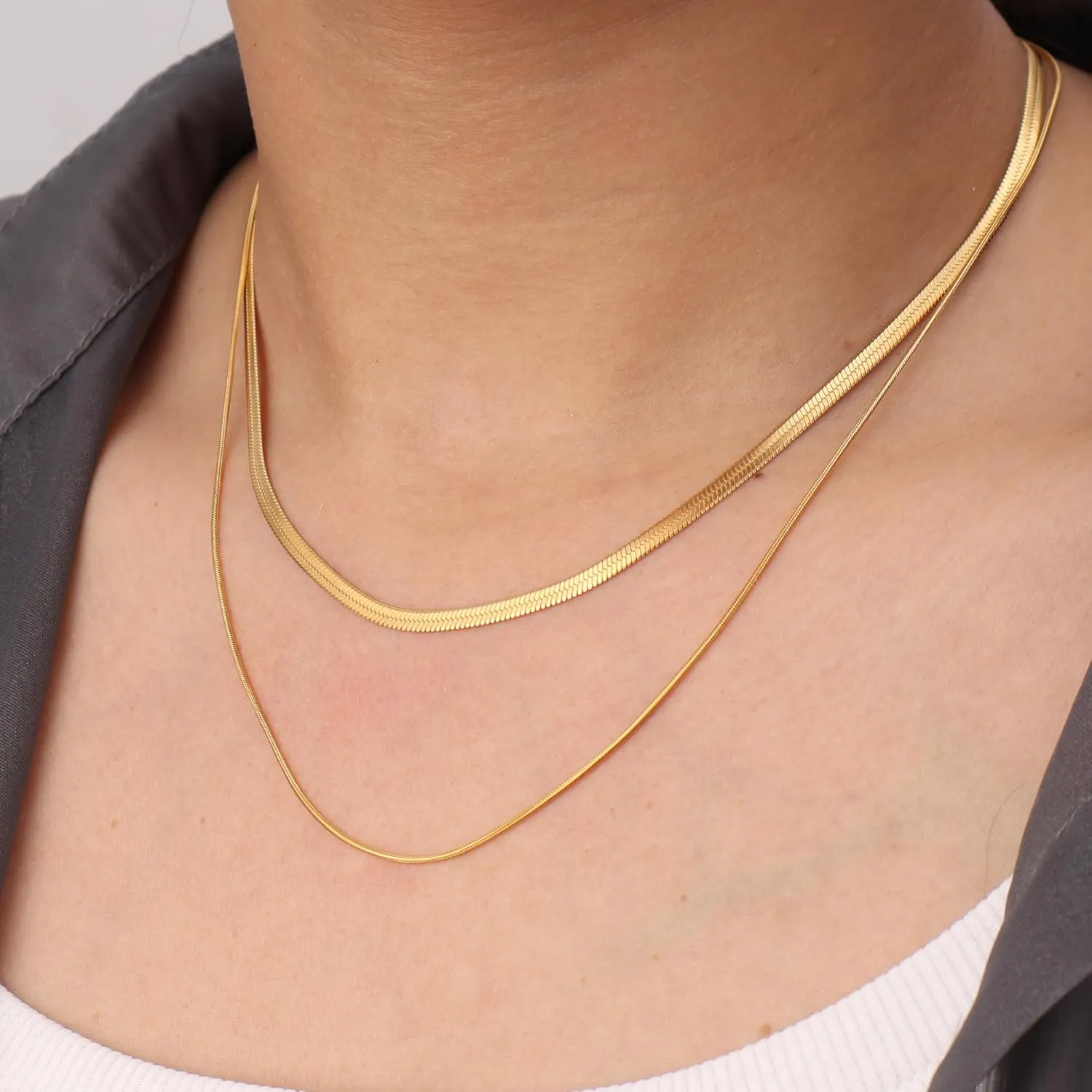 Dainty Ladies 18K Gold Plated Layered Herringbone Necklaces for Women Minimalist Stainless Steel Snake Chain Choker Necklace Waterproof Jewelry Gifts
