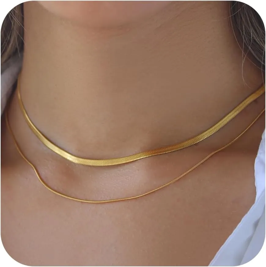 Dainty Ladies 18K Gold Plated Layered Herringbone Necklaces for Women Minimalist Stainless Steel Snake Chain Choker Necklace Waterproof Jewelry Gifts
