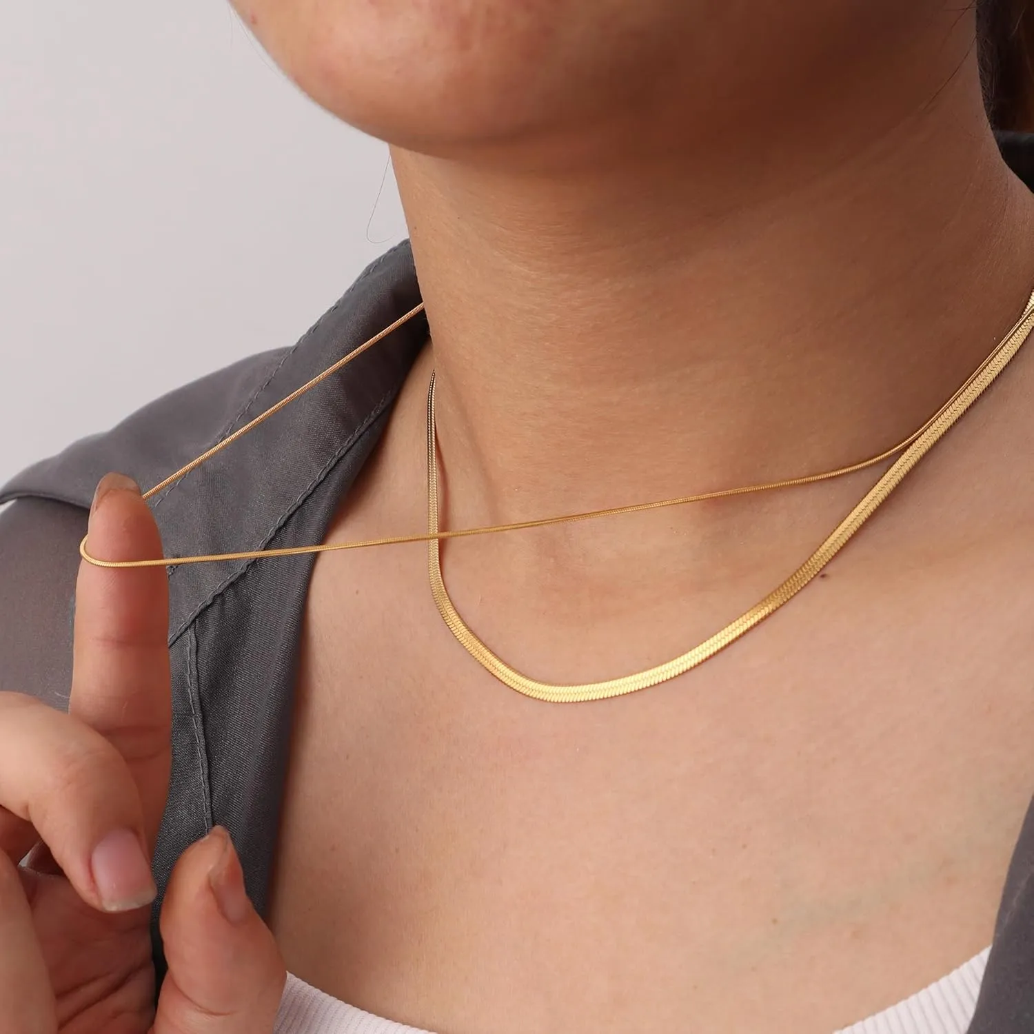 Dainty Ladies 18K Gold Plated Layered Herringbone Necklaces for Women Minimalist Stainless Steel Snake Chain Choker Necklace Waterproof Jewelry Gifts