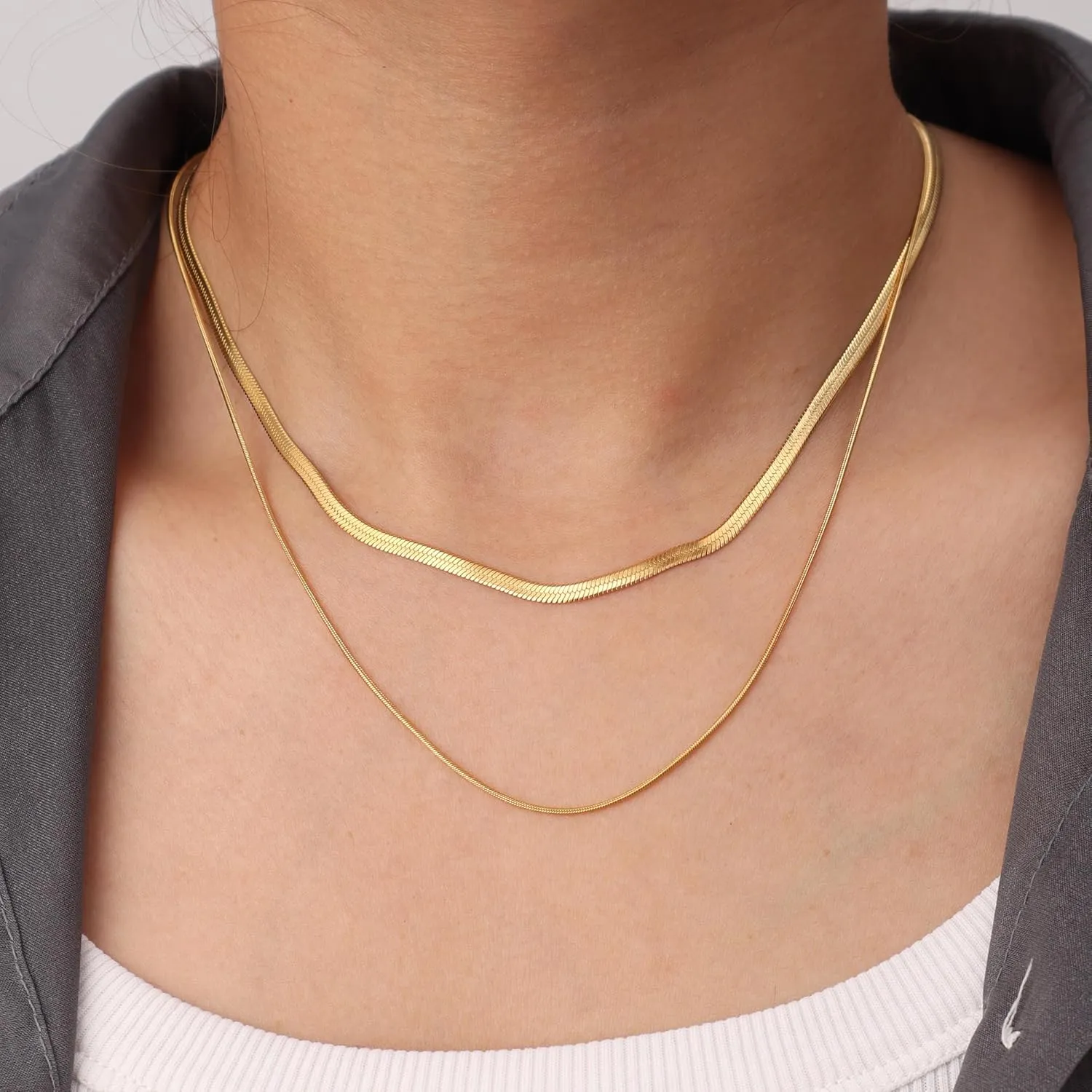 Dainty Ladies 18K Gold Plated Layered Herringbone Necklaces for Women Minimalist Stainless Steel Snake Chain Choker Necklace Waterproof Jewelry Gifts