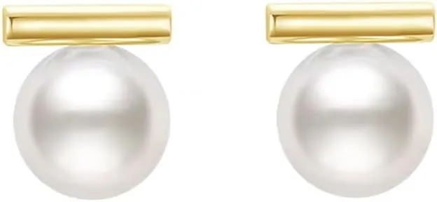 Dainty Pearl Bar Gold Plated Stud Earrings for Women 925 Sterling Silver Post Minimalist Round Pearl Studs Hypoallergenic Fashion Jewelry Wedding Birthday Gift Her