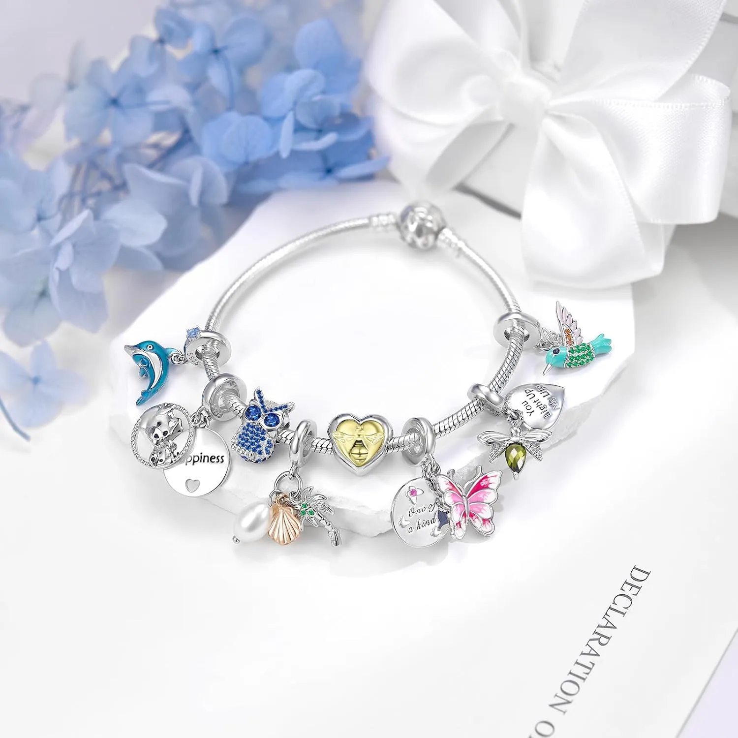 DALARAN Christmas Charms for Bracelet Sterling Silver Snowflake Blue CZ Bead Pendant Charm for Women