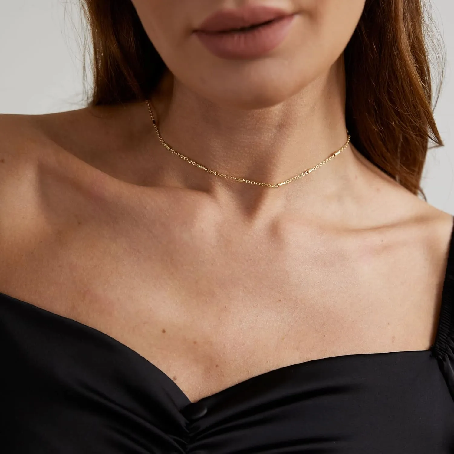 Danity Gold Necklace for Women 14K Gold Plated Satellite Necklaces Gold Link Chain Necklace Tiny Dot Bar Necklace Simple Everyday Jewelry Gift