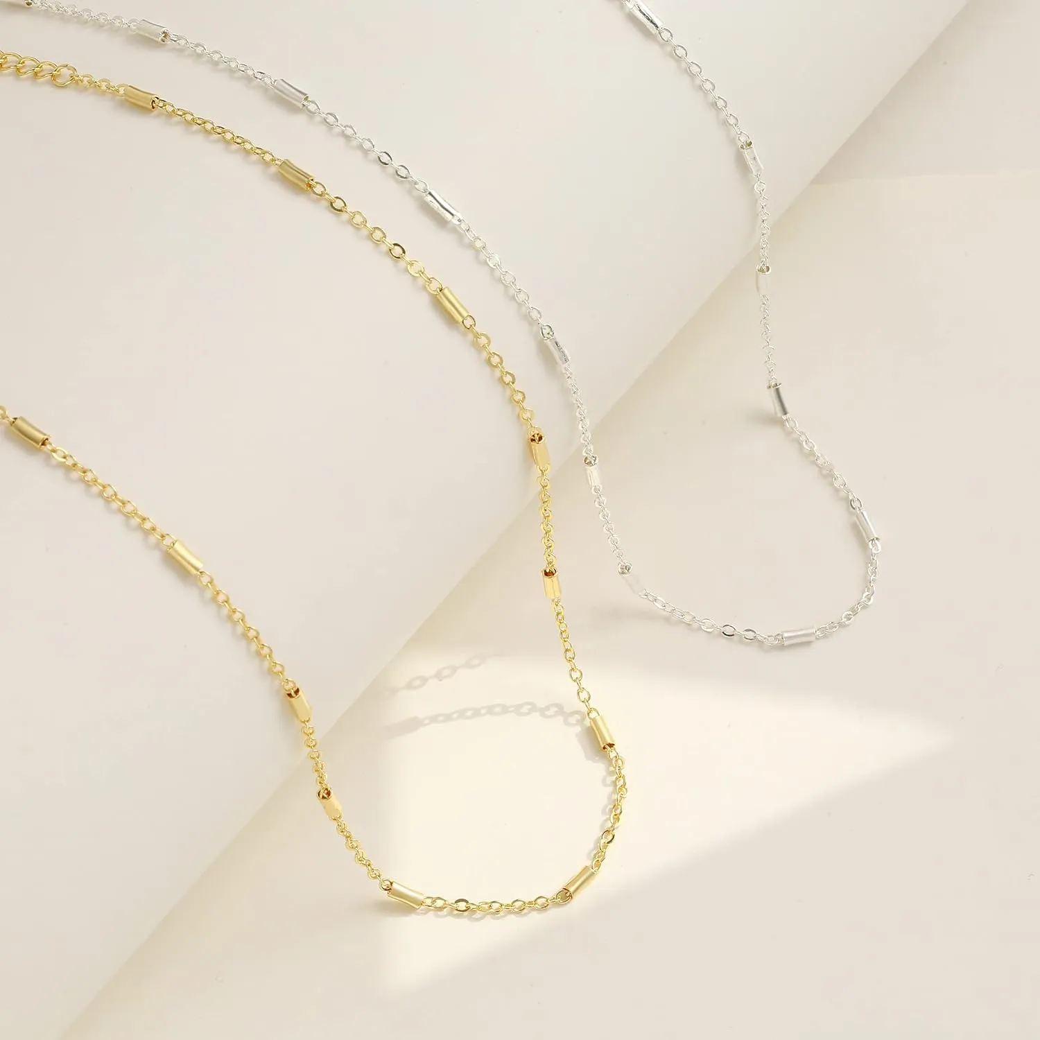 Danity Gold Necklace for Women 14K Gold Plated Satellite Necklaces Gold Link Chain Necklace Tiny Dot Bar Necklace Simple Everyday Jewelry Gift