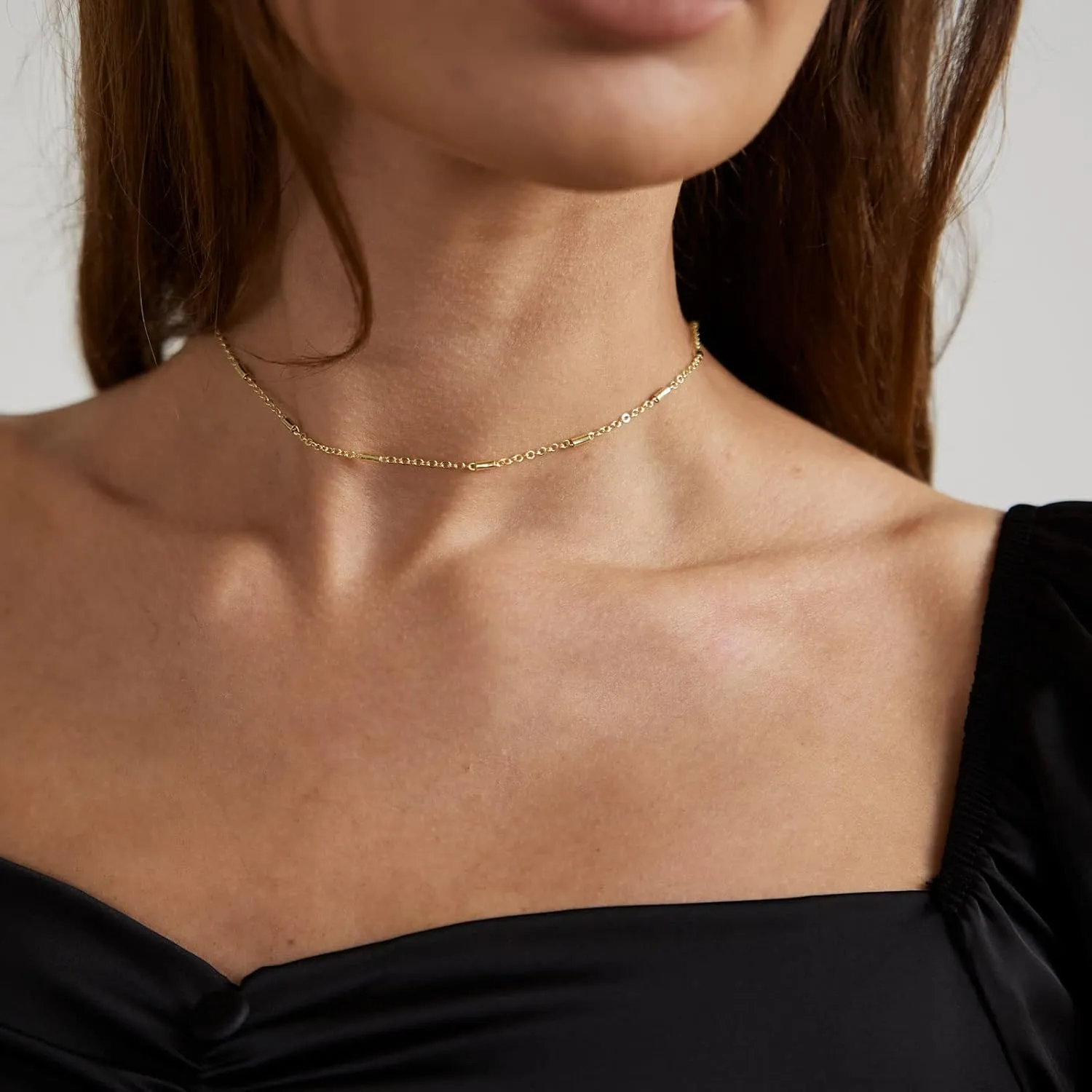 Danity Gold Necklace for Women 14K Gold Plated Satellite Necklaces Gold Link Chain Necklace Tiny Dot Bar Necklace Simple Everyday Jewelry Gift