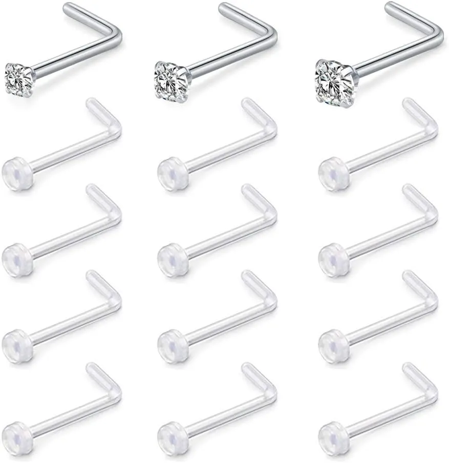 D.Bella Clear Nose Rings: 18G Retainer & 20G Hoop, Flexible Acrylic Piercing Kit for Work & Surgery