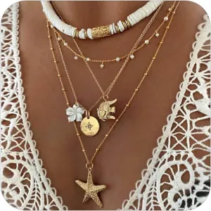 Dcfywl731 Seashell Necklace for Women Gold Conch Shell Necklace Layered Shell Flower Starfish Charm Necklace Puka Shell Necklace Summer Beach Surfer Jewelry Outfits Accessories