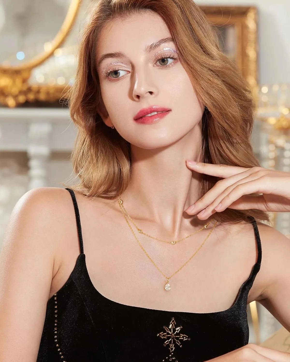 Diamond Necklaces for Women, Gold Layered Pendant Set Silver Trendy Snake Chain Cross Necklace Dainty Jewelry for Women