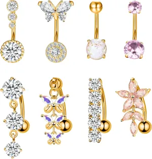 Dochais 8PCS Surgical Stainless Steel Belly Button Rings for Women - Dangle Butterfly CZ Barbell Piercing Jewelry Navel Pack