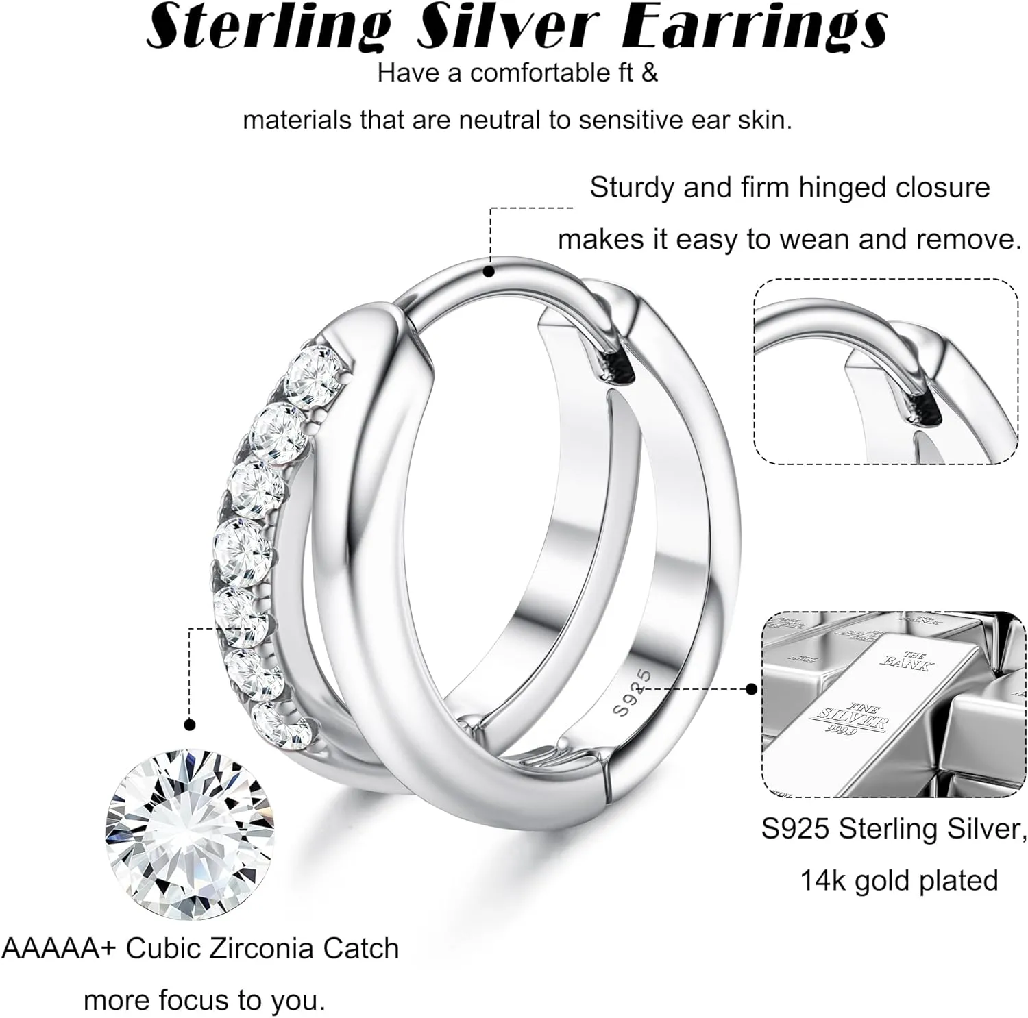 Dochais Sterling Silver Gold Huggie Hoop Earrings for Women14K Gold Plated Double Hoop Earrings Small Lightweight Trendy Sterling Silver Huggie Hoops, Hypoallergenic for Sensitive Ears