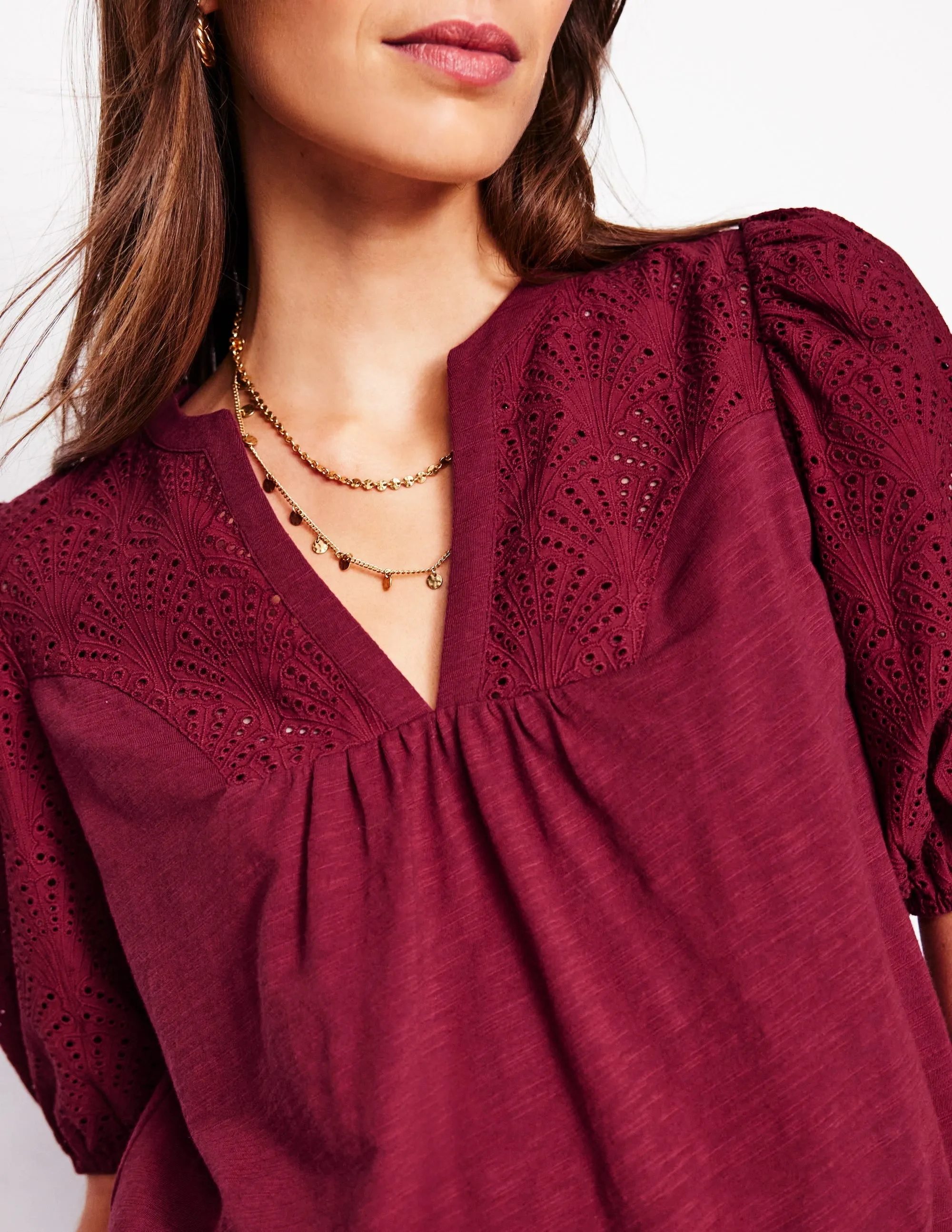 Dolly Broderie Top-Garnet Red