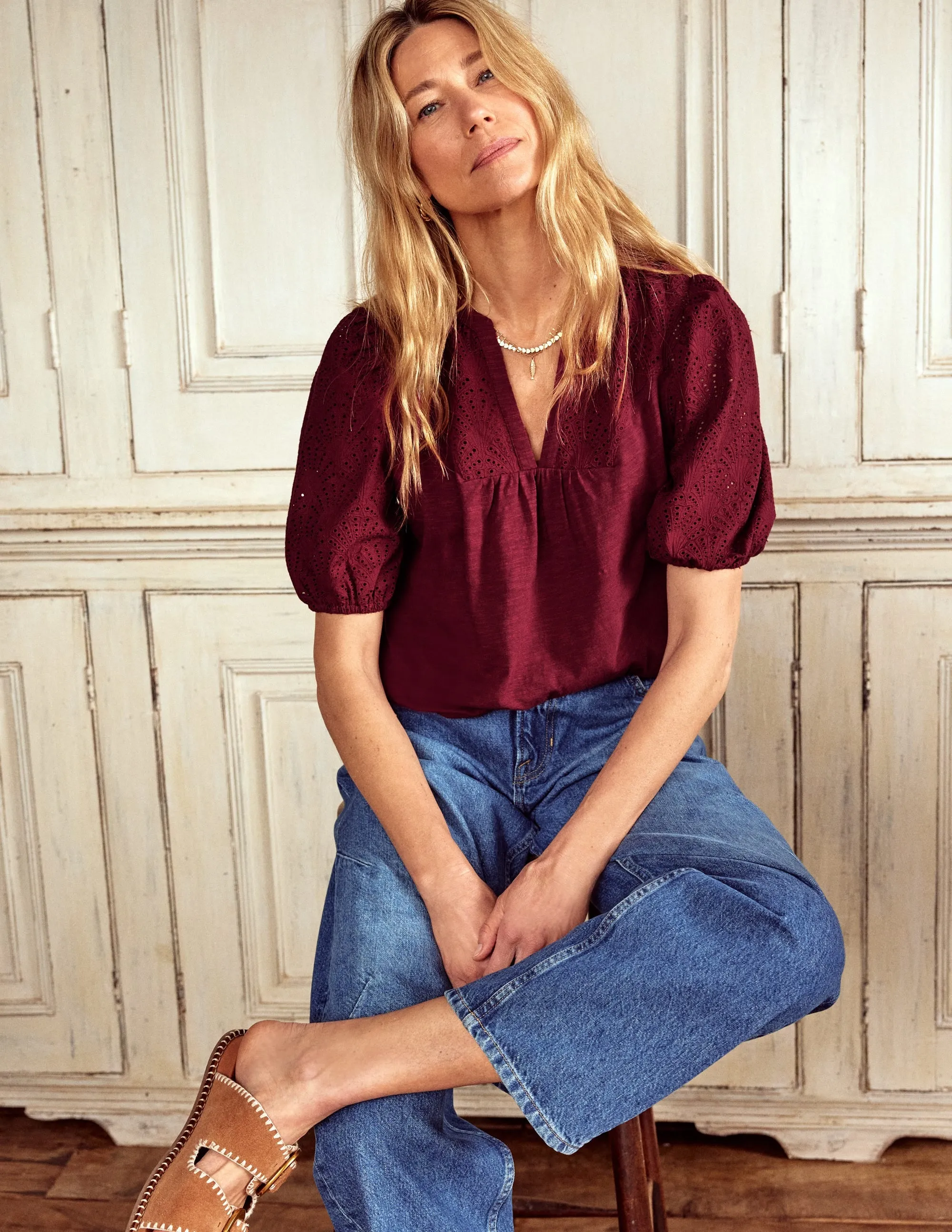 Dolly Broderie Top-Garnet Red