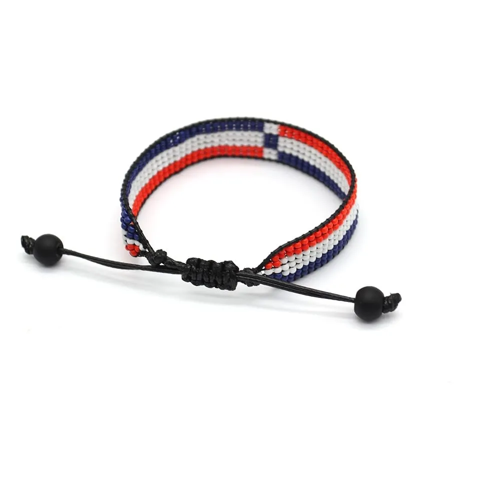 Dominican Republic Flag Bracelet: Handmade Bracelet,Adjustable Beaded Boho-Style Rope Bangle with Patriotic Design