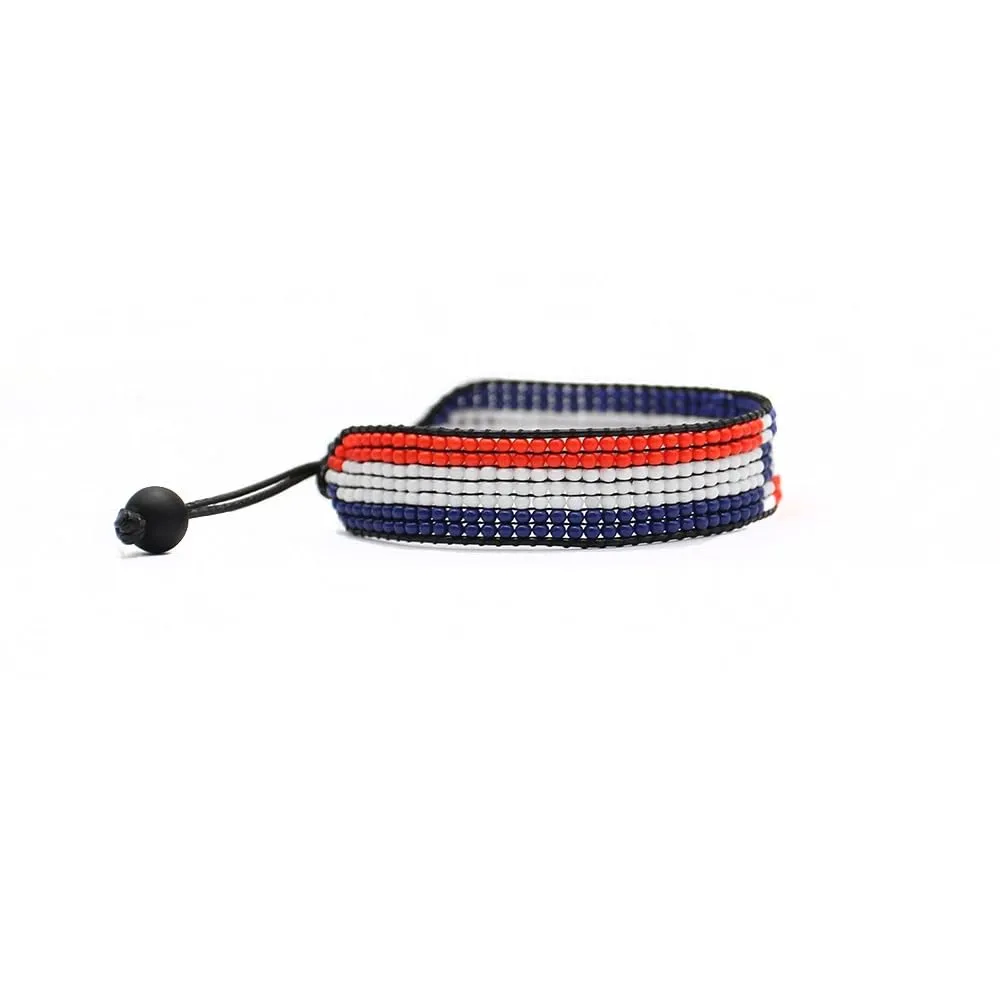 Dominican Republic Flag Bracelet: Handmade Bracelet,Adjustable Beaded Boho-Style Rope Bangle with Patriotic Design
