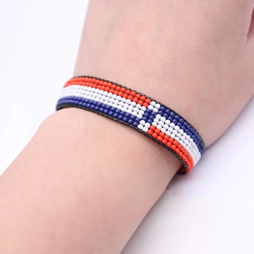 Dominican Republic Flag Bracelet: Handmade Bracelet,Adjustable Beaded Boho-Style Rope Bangle with Patriotic Design