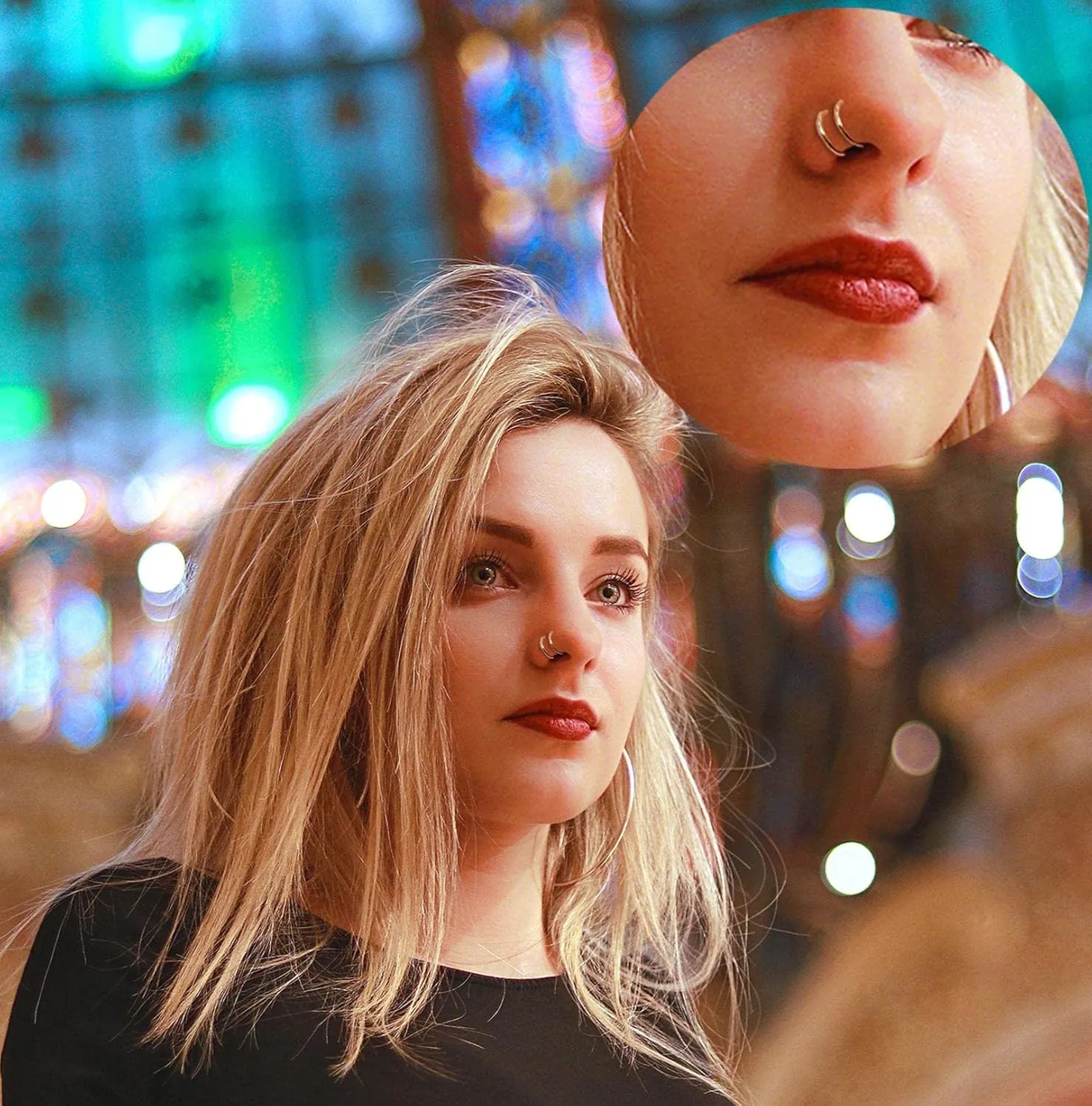 Double Nose Ring for Single Piercing Stainless Steel Left and Right Double Hoop Nose Ring Spiral Nose Hoops for Women Men