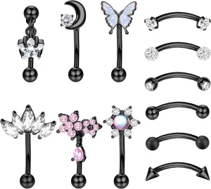 Drperfect 12 PCS Rook Piercing Jewelry Rook Earrings for Women Men Eyebrow Rings 16G Stainless Steel Curved Barbell Dangle CZ Belly Lip Ring Cartilage Daith Surface Tragus Piercing Jewelry