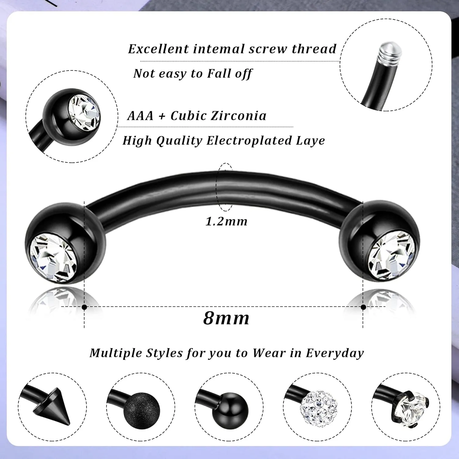 Drperfect 12 PCS Rook Piercing Jewelry Rook Earrings for Women Men Eyebrow Rings 16G Stainless Steel Curved Barbell Dangle CZ Belly Lip Ring Cartilage Daith Surface Tragus Piercing Jewelry