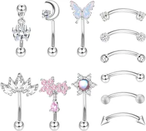 Drperfect 12 PCS Rook Piercing Jewelry Rook Earrings for Women Men Eyebrow Rings 16G Stainless Steel Curved Barbell Dangle CZ Belly Lip Ring Cartilage Daith Surface Tragus Piercing Jewelry