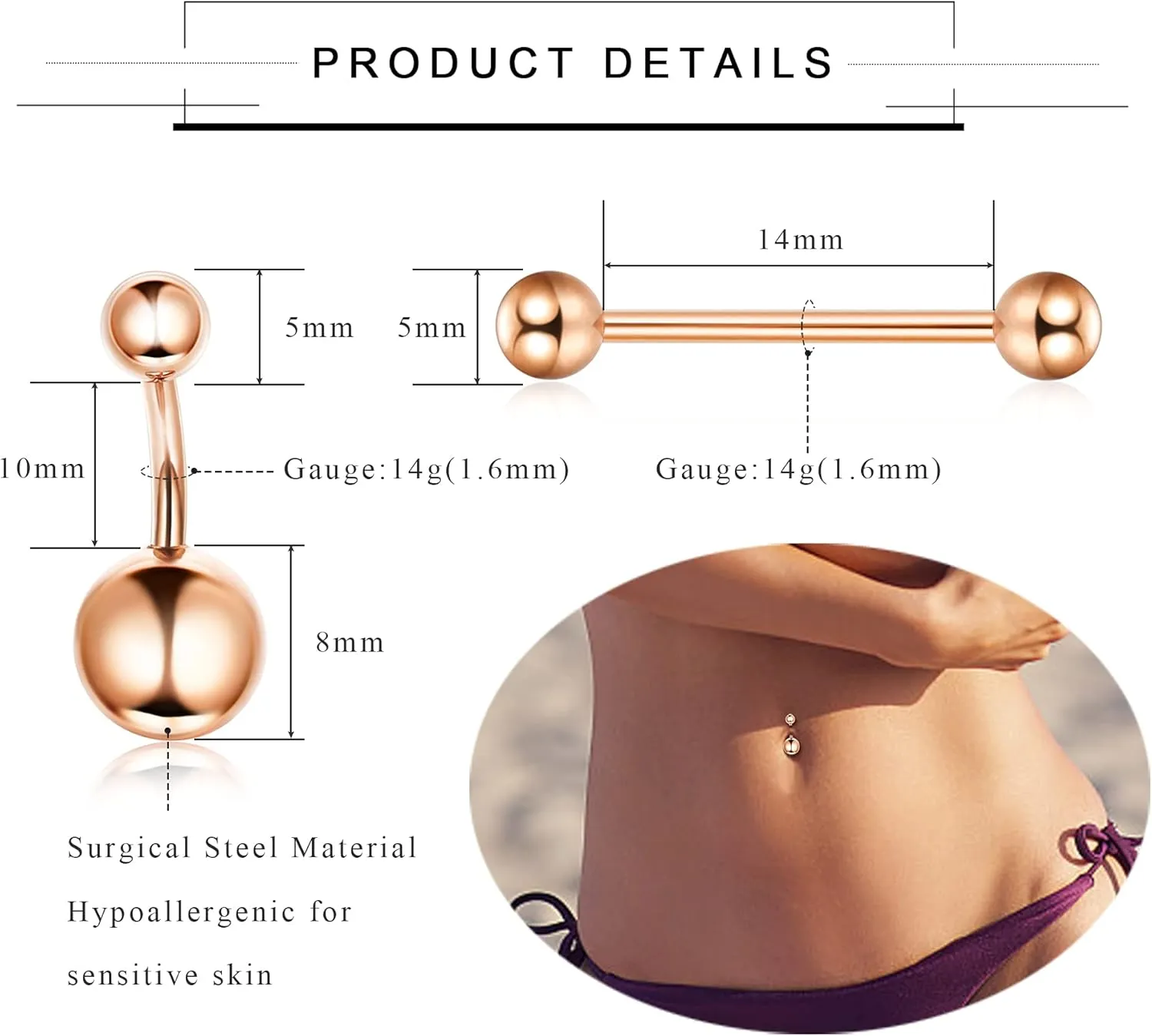 Drperfect Nipple Rings Dangle Belly Button Rings for Women 14G 316L Surgical Steel Curved Navel Barbell CZ Tongue Rings Nipple Piercing Jewelry