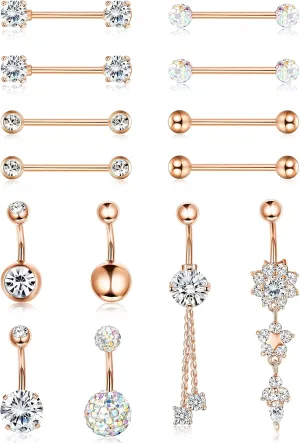 Drperfect Nipple Rings Dangle Belly Button Rings for Women 14G 316L Surgical Steel Curved Navel Barbell CZ Tongue Rings Nipple Piercing Jewelry