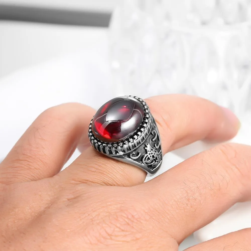 DTECGOUG Vintage Silver Plated Red Agate Ring, Silk Carved Handmade Ring, Gemstone Oval Agate Jewelry, Luxury Men's Ring
