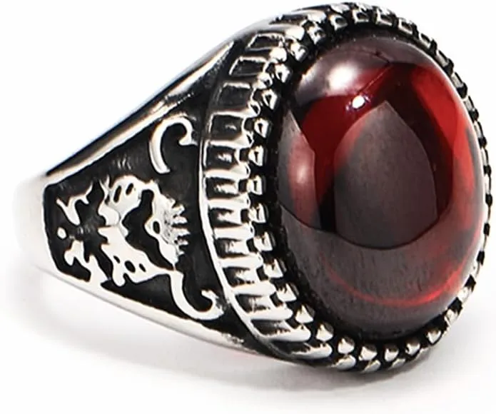 DTECGOUG Vintage Silver Plated Red Agate Ring, Silk Carved Handmade Ring, Gemstone Oval Agate Jewelry, Luxury Men's Ring
