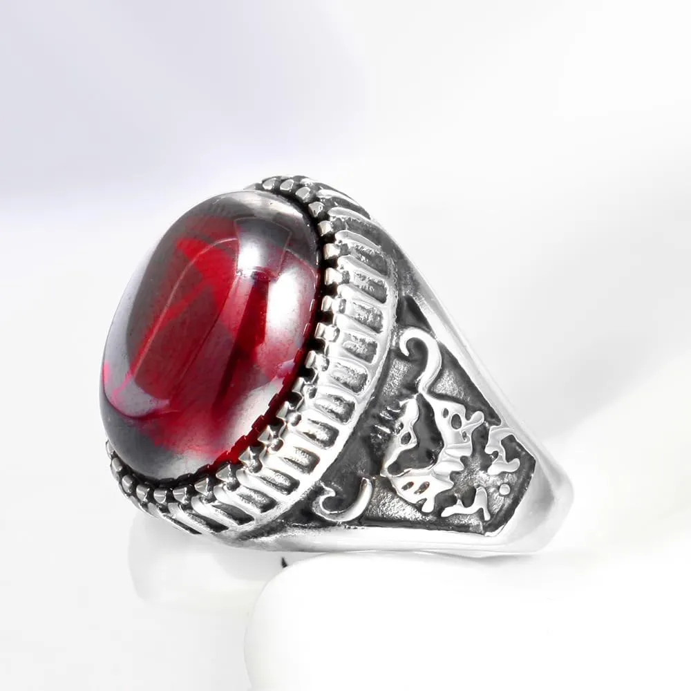 DTECGOUG Vintage Silver Plated Red Agate Ring, Silk Carved Handmade Ring, Gemstone Oval Agate Jewelry, Luxury Men's Ring