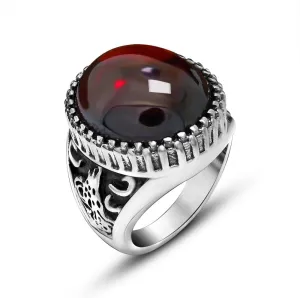 DTECGOUG Vintage Silver Plated Red Agate Ring, Silk Carved Handmade Ring, Gemstone Oval Agate Jewelry, Luxury Men's Ring