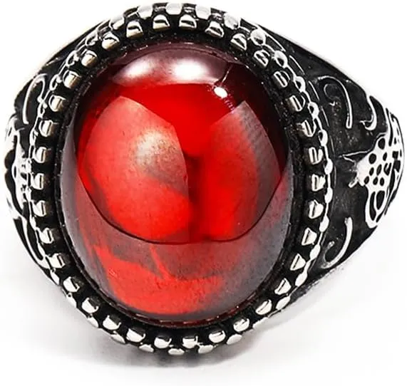 DTECGOUG Vintage Silver Plated Red Agate Ring, Silk Carved Handmade Ring, Gemstone Oval Agate Jewelry, Luxury Men's Ring