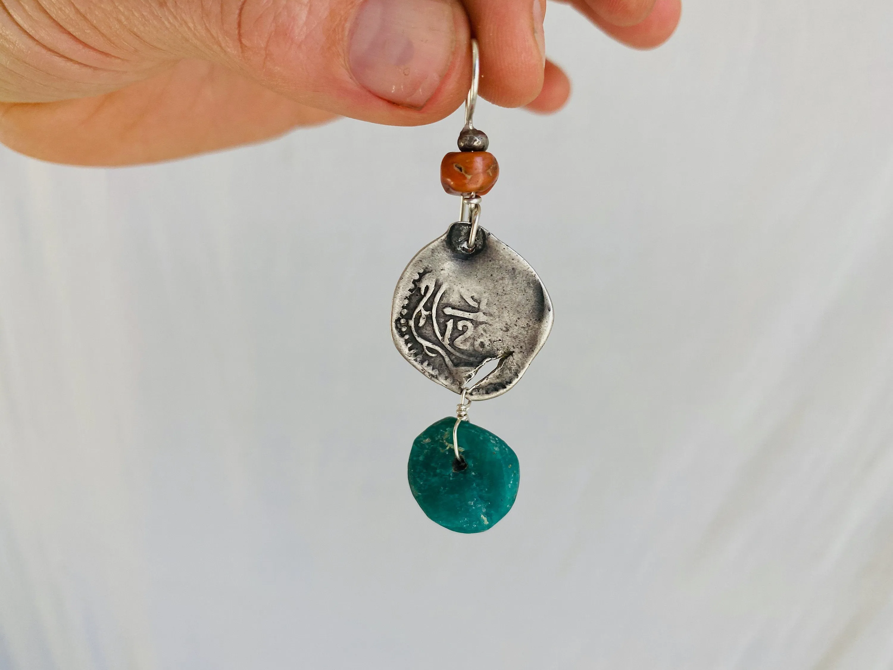 Earrings of Antique Berber Amazonite, Coral and Pearl Earrings. Sterling Silver. Morocco.