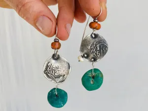 Earrings of Antique Berber Amazonite, Coral and Pearl Earrings. Sterling Silver. Morocco.
