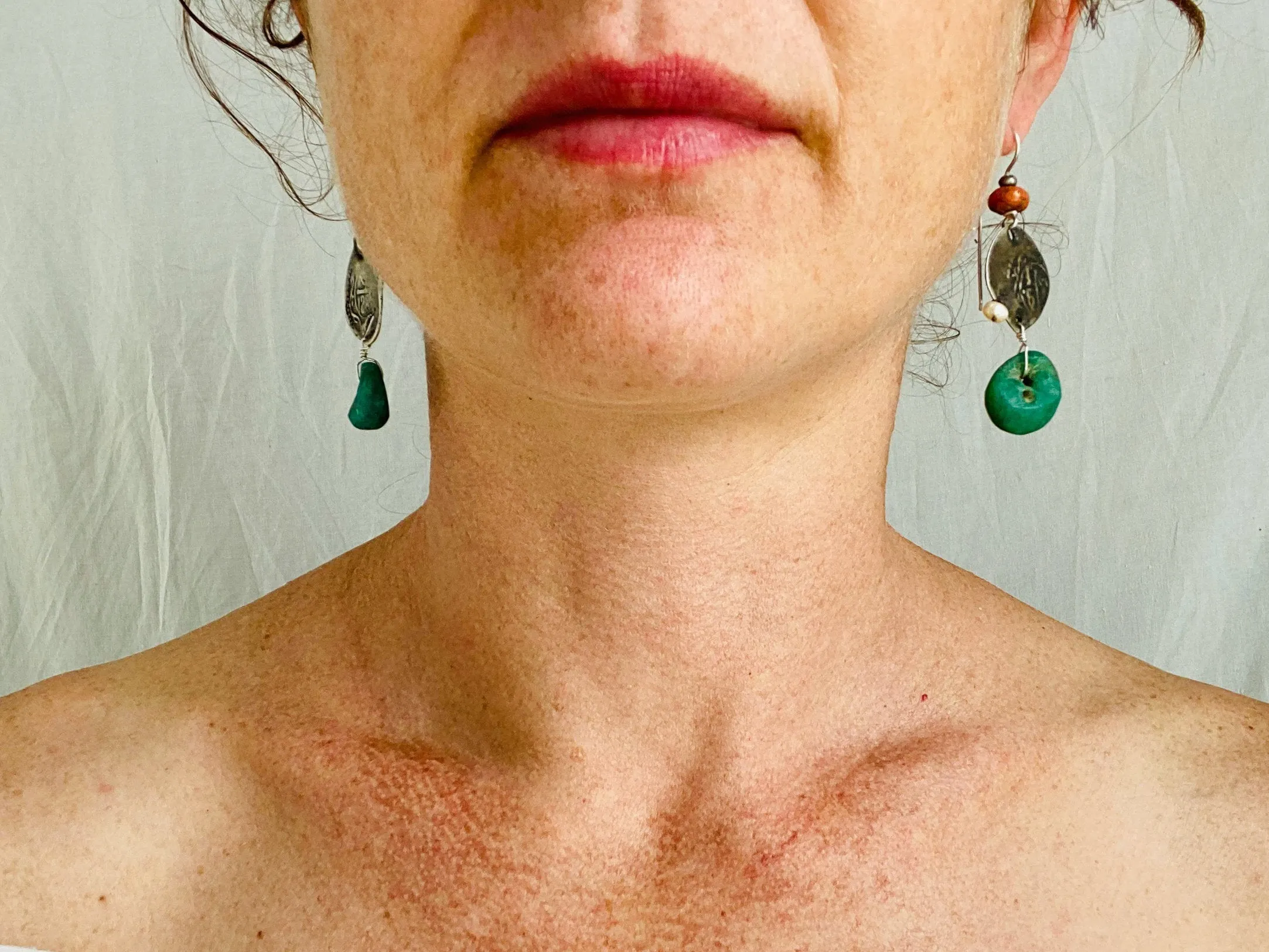Earrings of Antique Berber Amazonite, Coral and Pearl Earrings. Sterling Silver. Morocco.