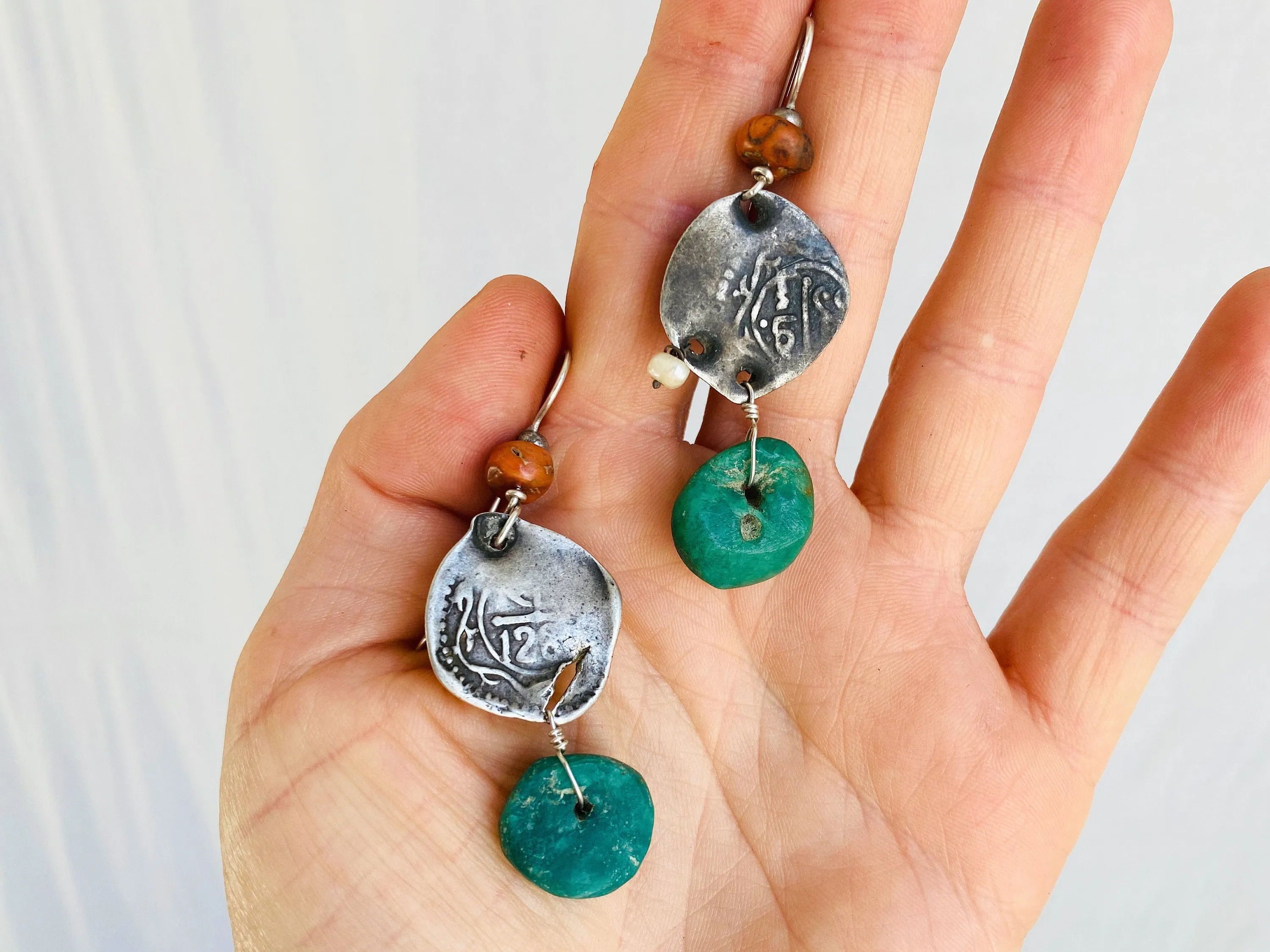 Earrings of Antique Berber Amazonite, Coral and Pearl Earrings. Sterling Silver. Morocco.