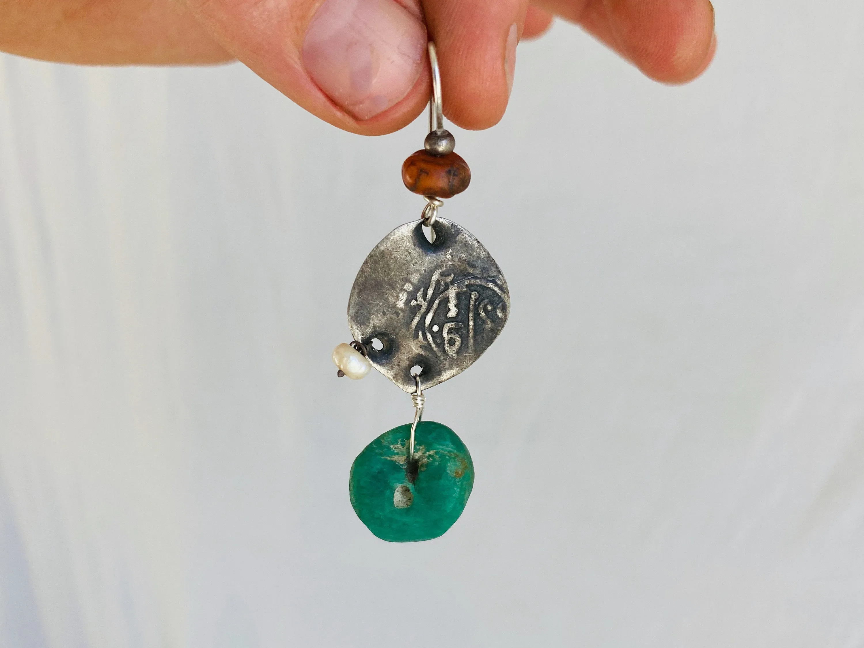 Earrings of Antique Berber Amazonite, Coral and Pearl Earrings. Sterling Silver. Morocco.
