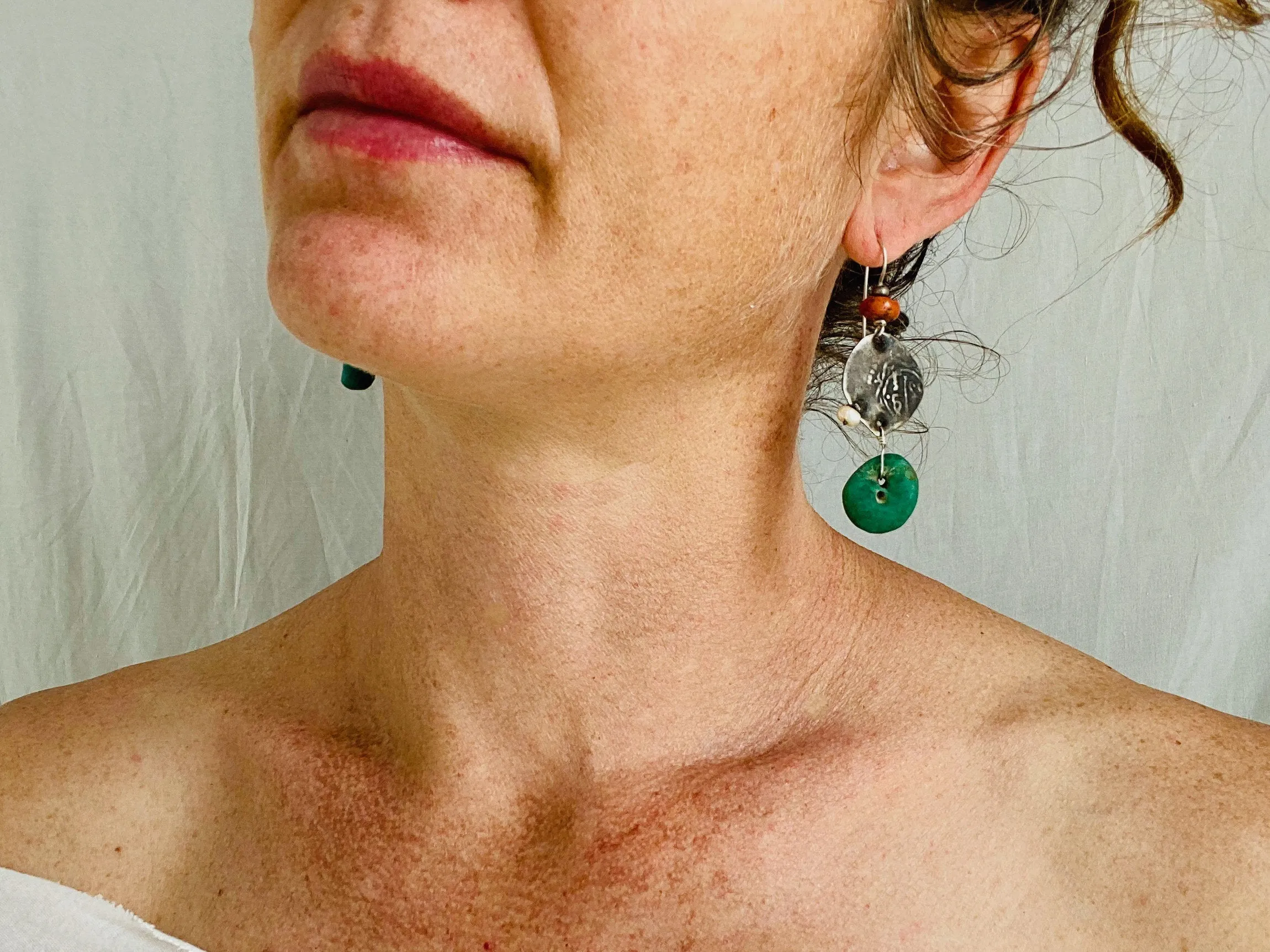 Earrings of Antique Berber Amazonite, Coral and Pearl Earrings. Sterling Silver. Morocco.