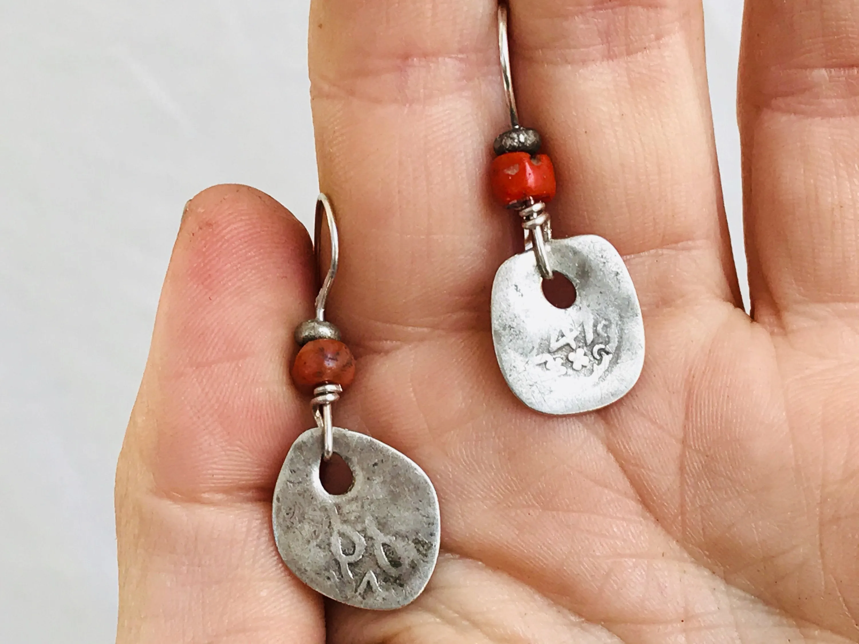 Earrrings of Antique Berber Silver Coin and Coral Earrings. Sterling Silver. Morocco.